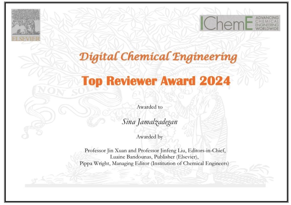 Digital Chemical Engineering Top Reviewer Award 2024 certificate