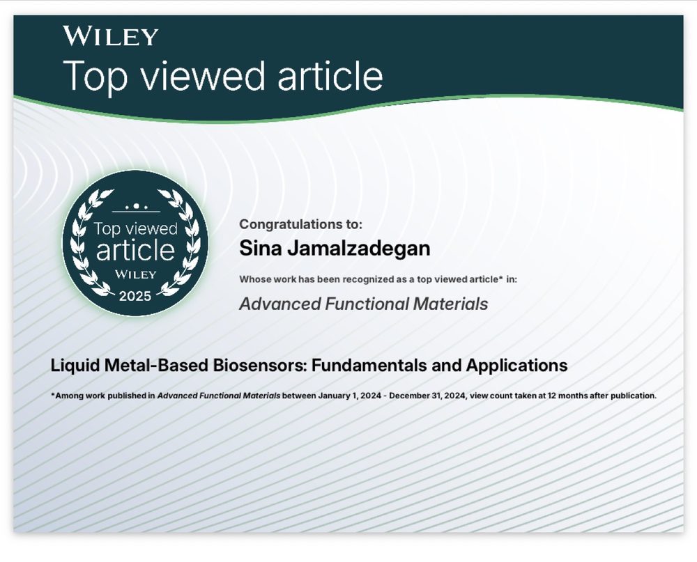 Wiley Top Viewed Article 2025 certificate for Liquid Metal-Based Biosensors