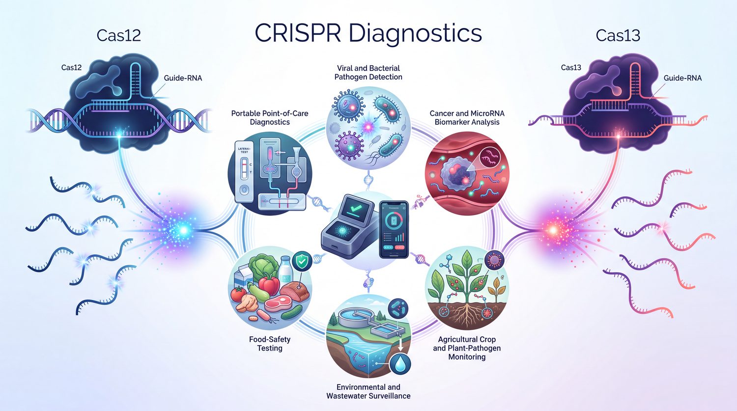 CRISPR diagnostics: Cas12 and Cas13 collateral cleavage feeding point-of-care, pathogen, food-safety, environmental, agricultural, and biomarker applications.