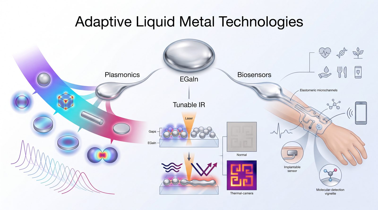 Adaptive liquid metal technologies: EGaIn branching into plasmonics, laser-tunable infrared emissivity, and soft biosensors.