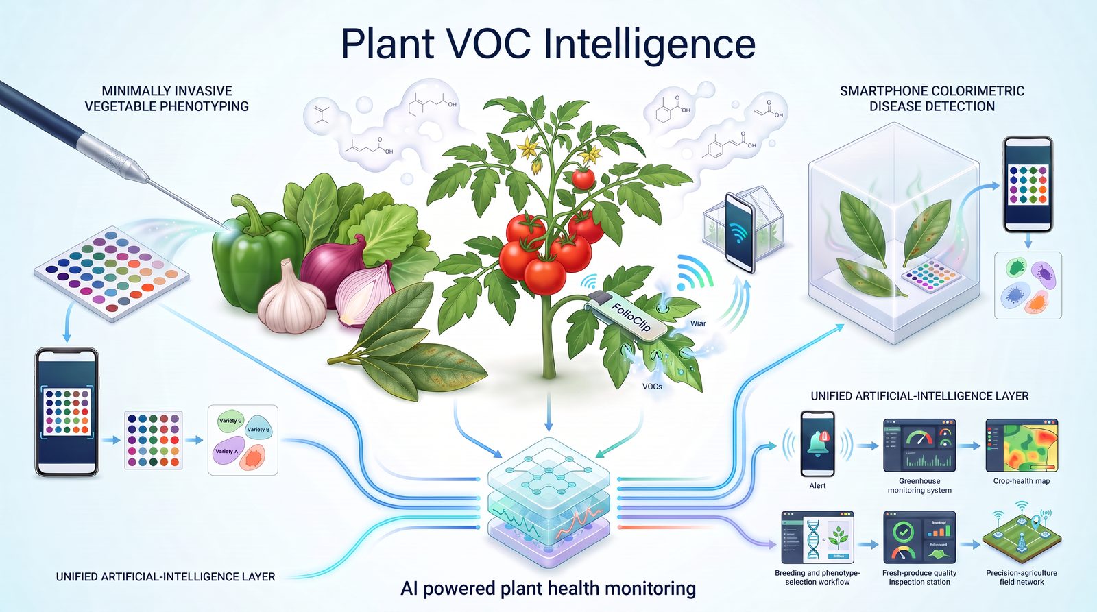 Plant VOC Intelligence: needle-based vegetable phenotyping, a leaf-clip wearable, and smartphone colorimetric disease detection feeding a shared AI layer.